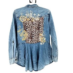 Lola P Denim Chambray Shirt Women's L Embroidered Leopard Western Boho Cowgirl